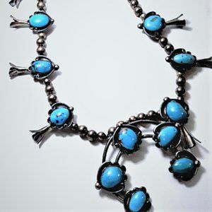 Vintage Navajo Squash Blossom Necklaced Signed SP